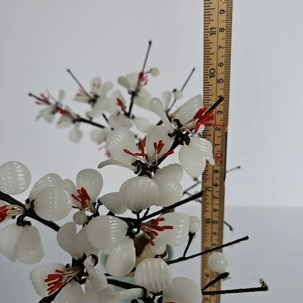 Vintage Chinese Glass Bonsai Tree Pair White Plum Blossom Celadon‎ Pot Decor